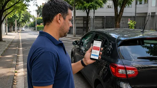 Homem usando smartphone ao lado de carro preto