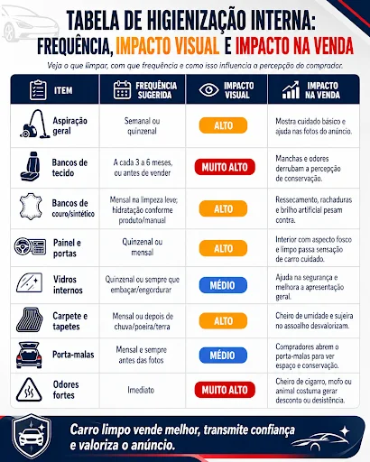 Tabela de higienização interna com frequências e impactos