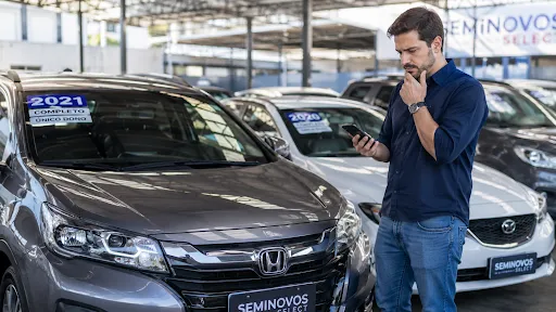 Homem avaliando carro seminovo em concessionária.