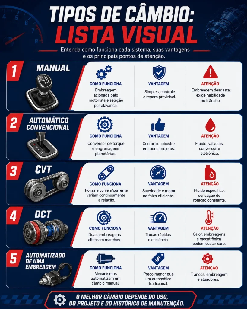 Tipos de câmbio: manual, automático, CVT, DCT, automatizado.
