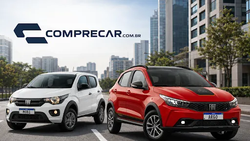 Carros Fiat Argo e Mobi em cenário urbano.