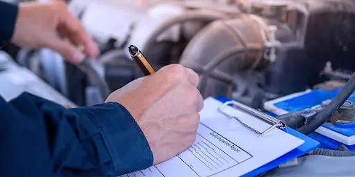 Mão escrevendo em uma ficha de manutenção de veículo