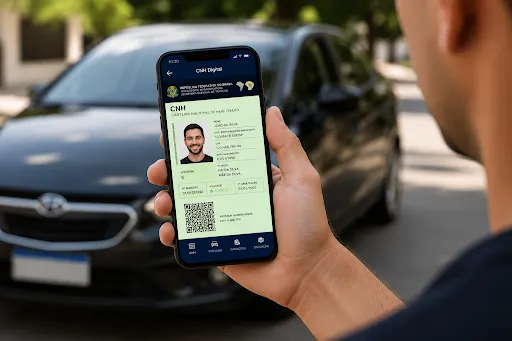Pessoa usando app de CNH digital com carro ao fundo.