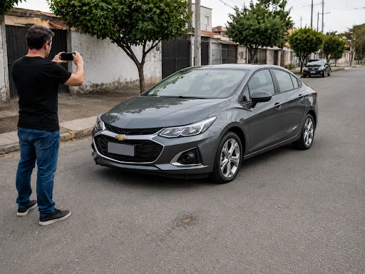 Homem tirando foto de carro cinza em rua