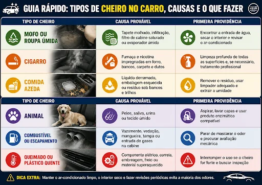 Guia de cheiros no carro e suas causas e providências.