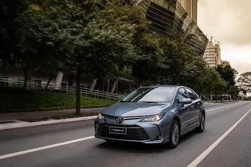 Toyota Corolla em rua com árvores e edifícios ao fundo