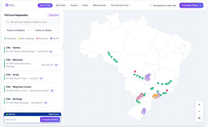 Mapa inédito reúne 73 pórticos de Free Flow